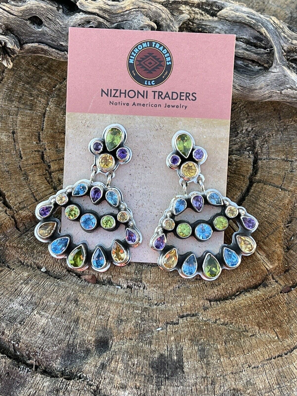 Navajo Sterling Silver & Natural Gem Stone Dangle Earrings