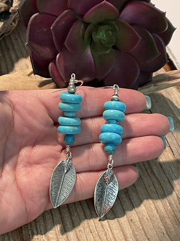 Navajo Sterling Silver & Blue Turquoise Leaf Dangle Earrings