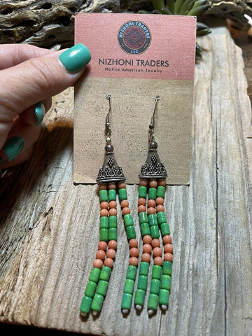 Navajo Sterling Dyed Green Kingman Turquoise and Pink Coral Bead Earrings