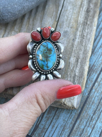 Navajo Sterling Kingman Web Turquoise & Red Coral Taos Collection Ring Sz 6