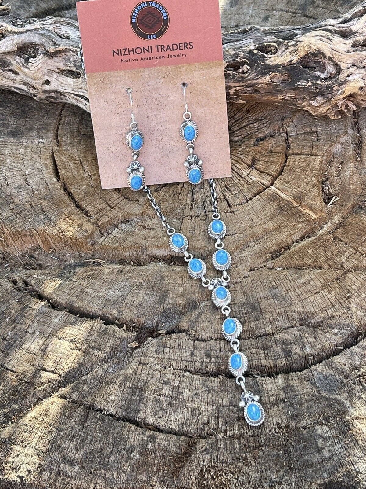 Navajo Sterling Silver &  Blue Iridescent Opal Lariat Necklace & Earring Set