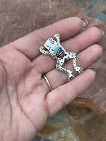 Navajo Sterling Silver Multi Stone Leap Frog Pendant Pin Signed