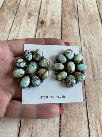 Navajo Sterling Silver & Golden Hills Turquoise  Cluster Post Earrings Signed