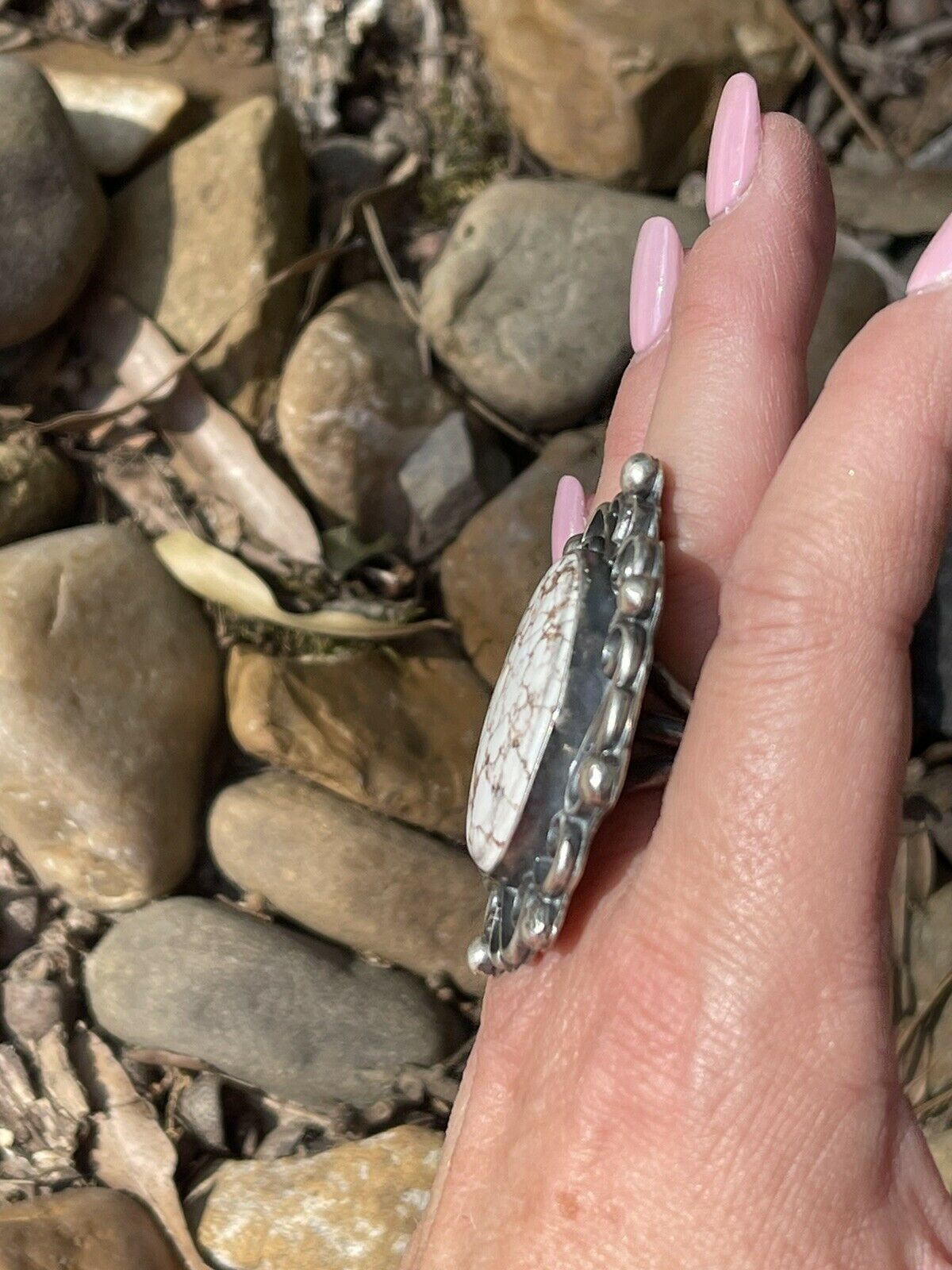 Navajo Swirl Statement Sterling Silver Wild Horse Oval  Ring Sz 6