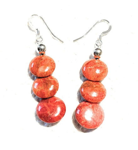 Navajo Sterling Silver Apple Coral 3 Bead Dangle Earrings