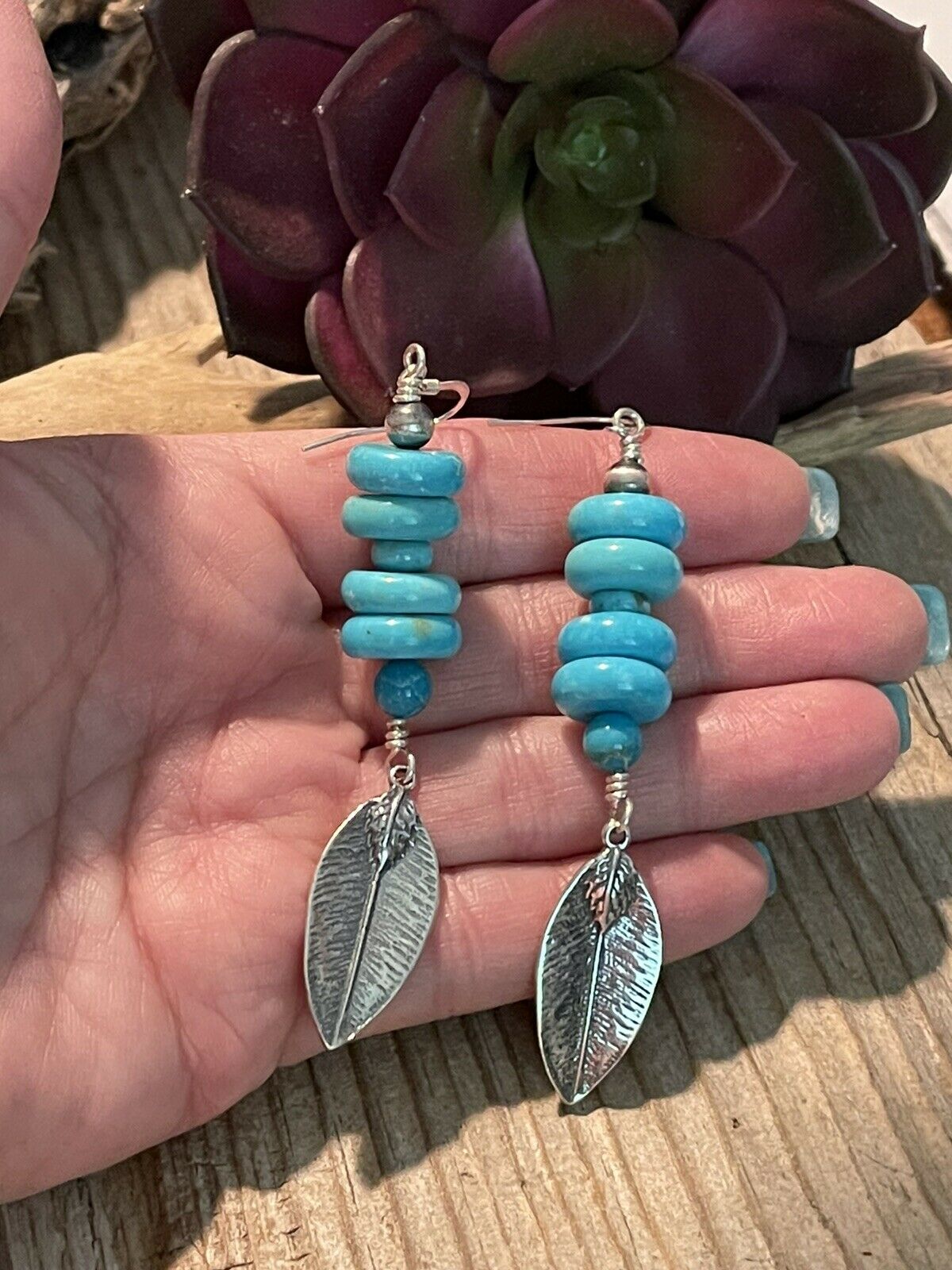 Navajo Sterling Silver & Blue Turquoise Leaf Dangle Earrings