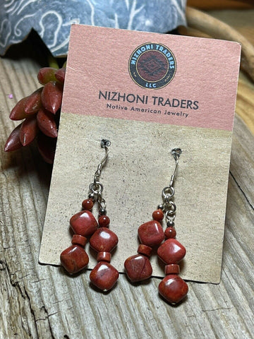 Navajo Sterling Silver Apple Coral 2 Strand Beaded Earrings