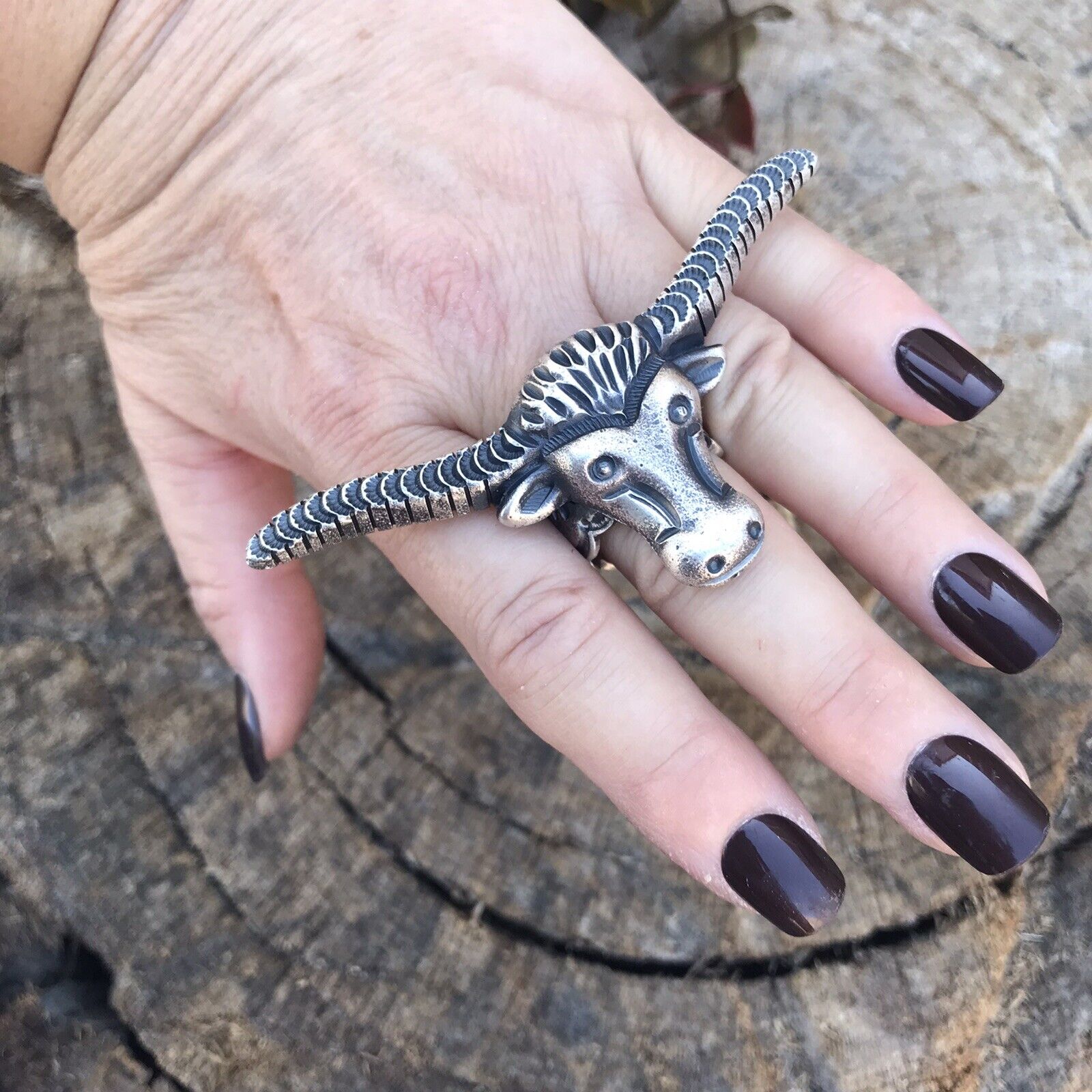 Navajo Sterling Silver Longhorn Cattle Steer Head Statement Ring