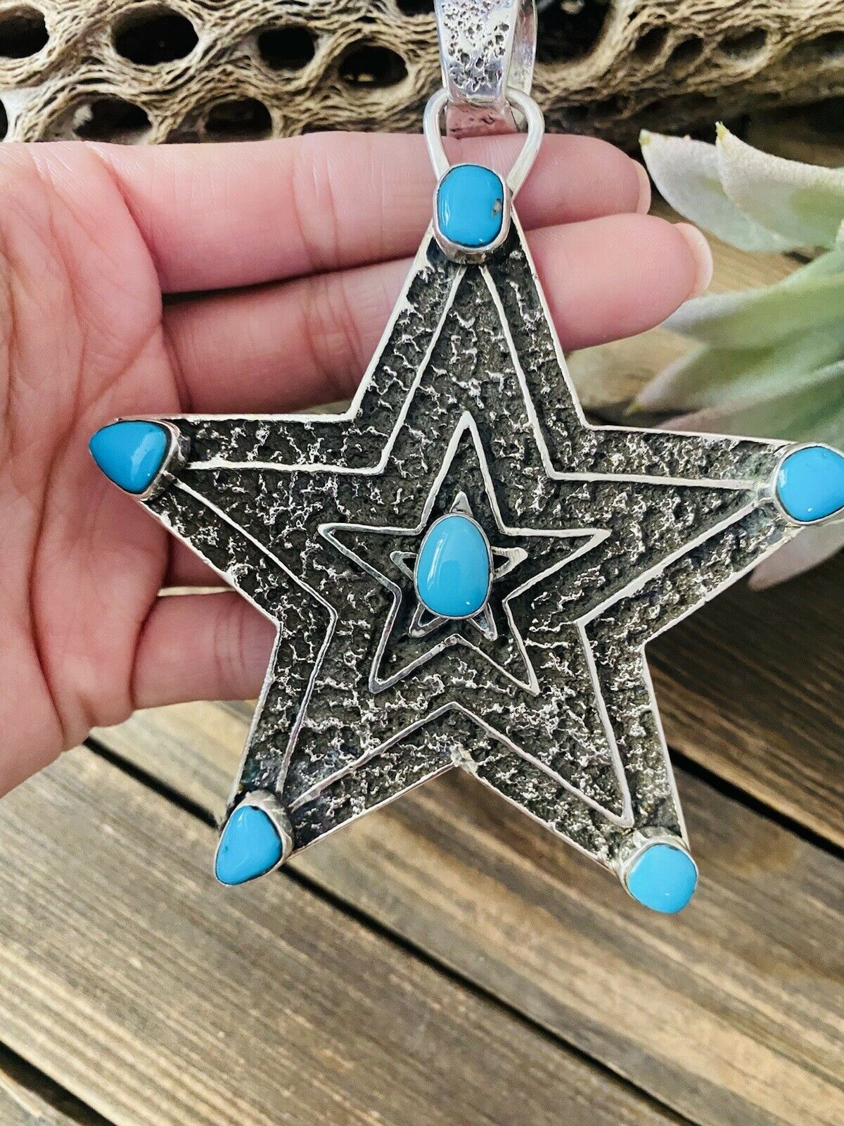 Navajo Turquoise & Sterling Silver Tufa Cast Star Pendant