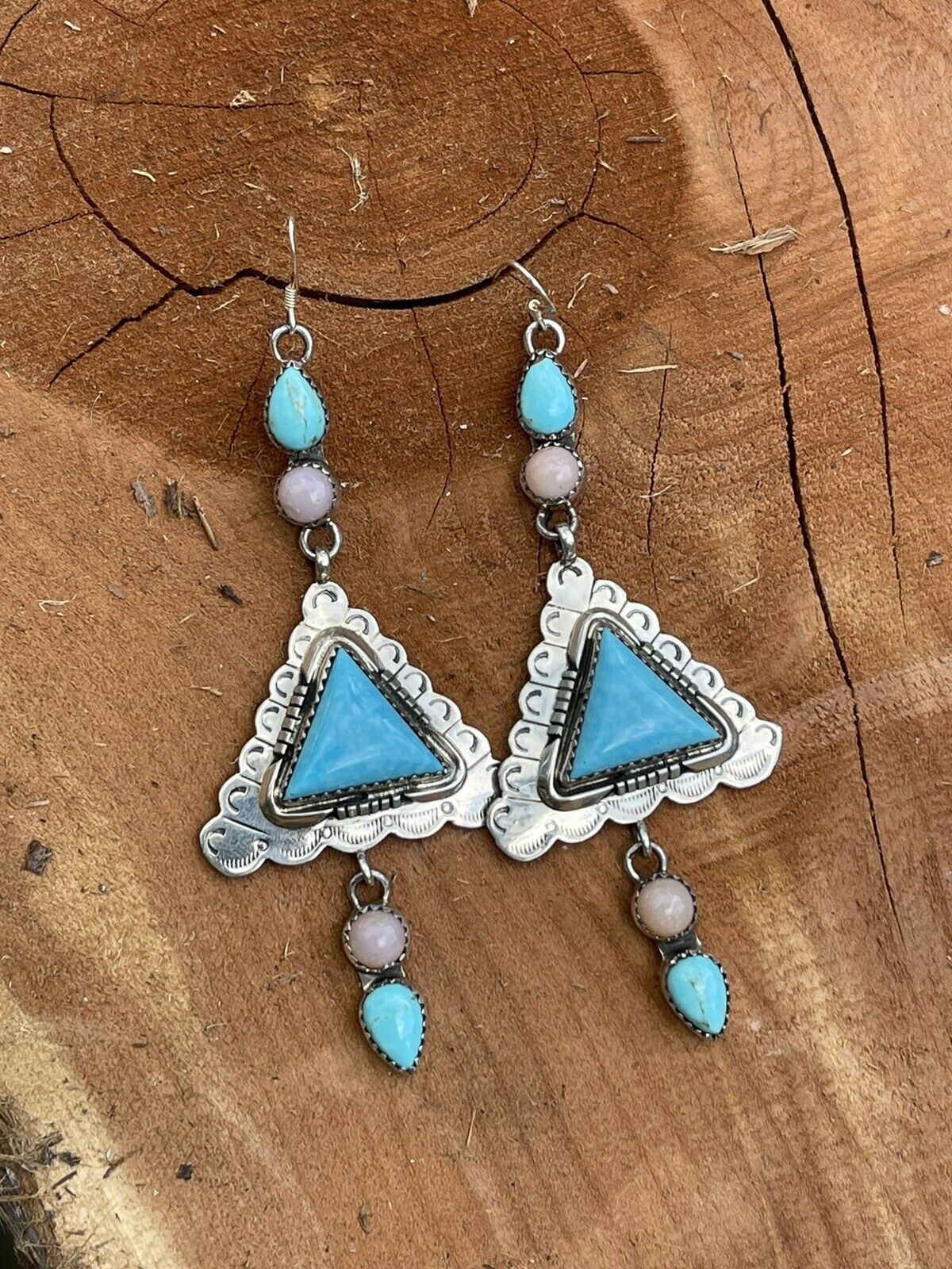 Navajo Sterling Southwest Triangle Pink Jasper Turquoise  Hook Dangle Earrings