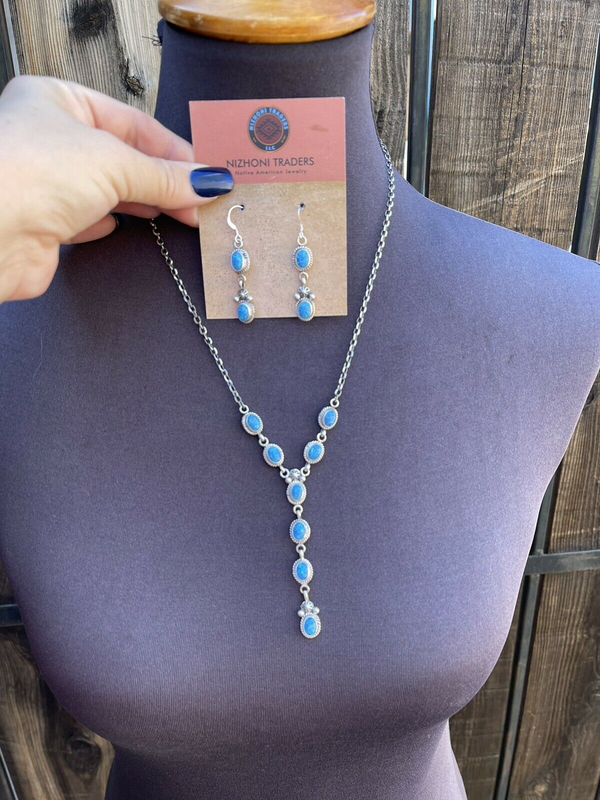 Navajo Sterling Silver &  Blue Iridescent Opal Lariat Necklace & Earring Set