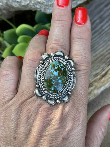 Navajo Sonoran Mountain Turquoise & Sterling Silver Statement Ring Sizes 7.5