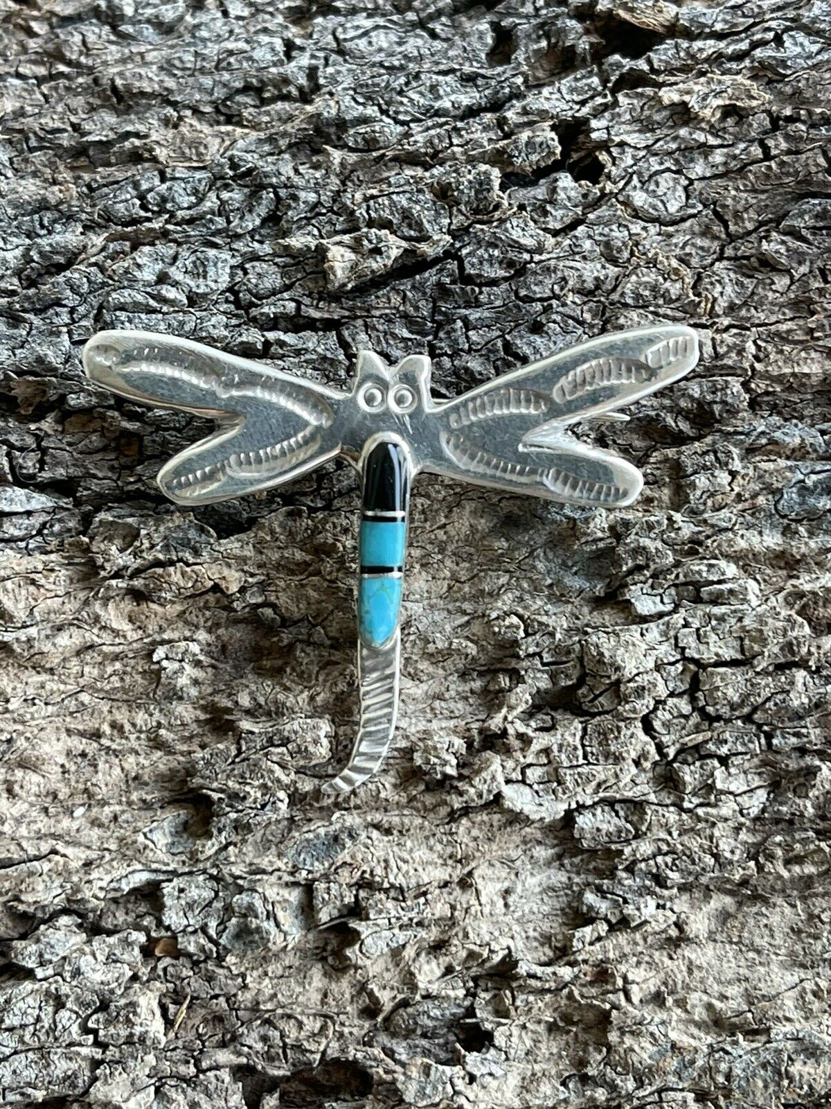 Navajo Sterling Silver Turquoise and Onyx Stone Dragonfly Pendant Pin Signed