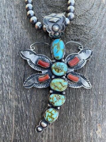 Shawn Cayatenito Sterling Silver Kingman  Turquoise & Coral Dragonfly Pendant