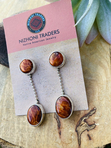 Navajo Sterling Silver & Orange Spiny Oyster Dangle Earrings