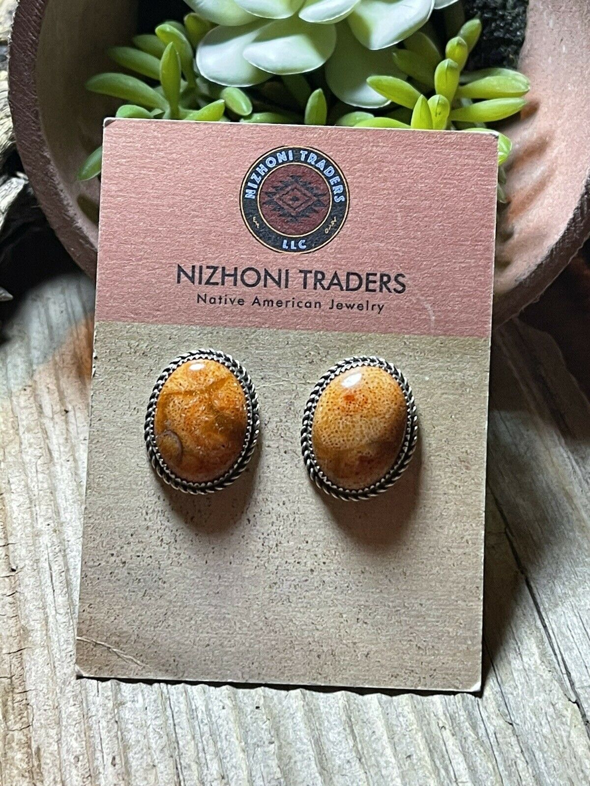 Beautiful Navajo Sterling Silver Apple Coral Oval Post Earrings