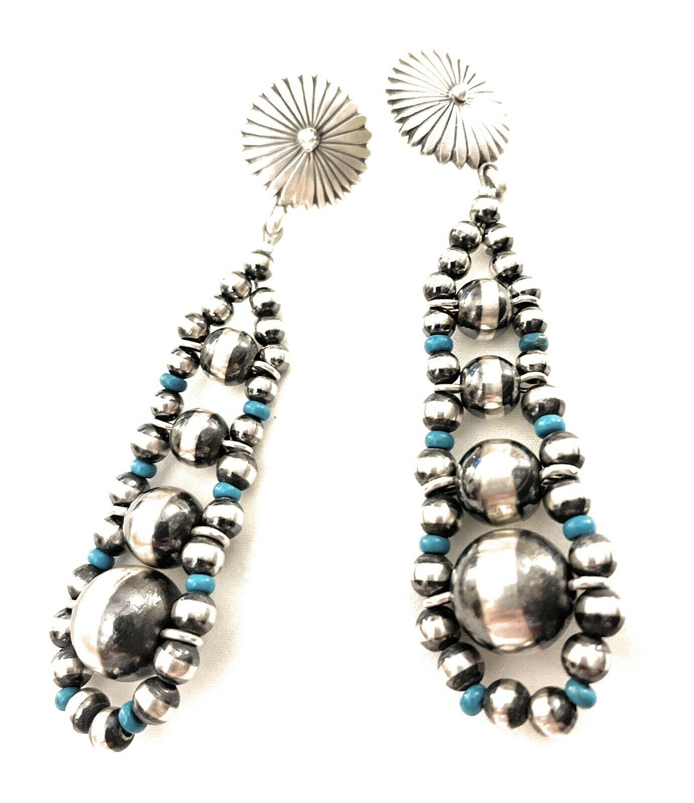 Navajo Sterling Silver Turquoise Gradual Bead Dangle Earrings