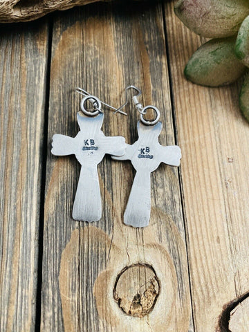 Navajo Coral & Sterling Silver Cross Dangle Earrings By Kevin Billah