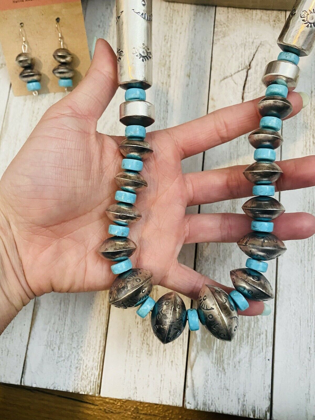 Navajo Sterling Silver & Turquoise Beaded Necklace & Earrings Set