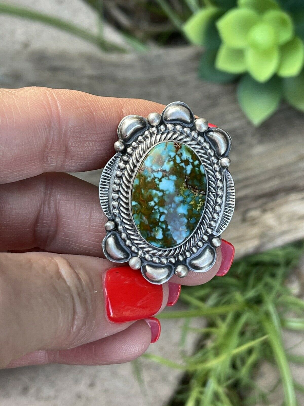 Navajo Sonoran Mountain Turquoise & Sterling Silver Statement Ring Sizes 7.5