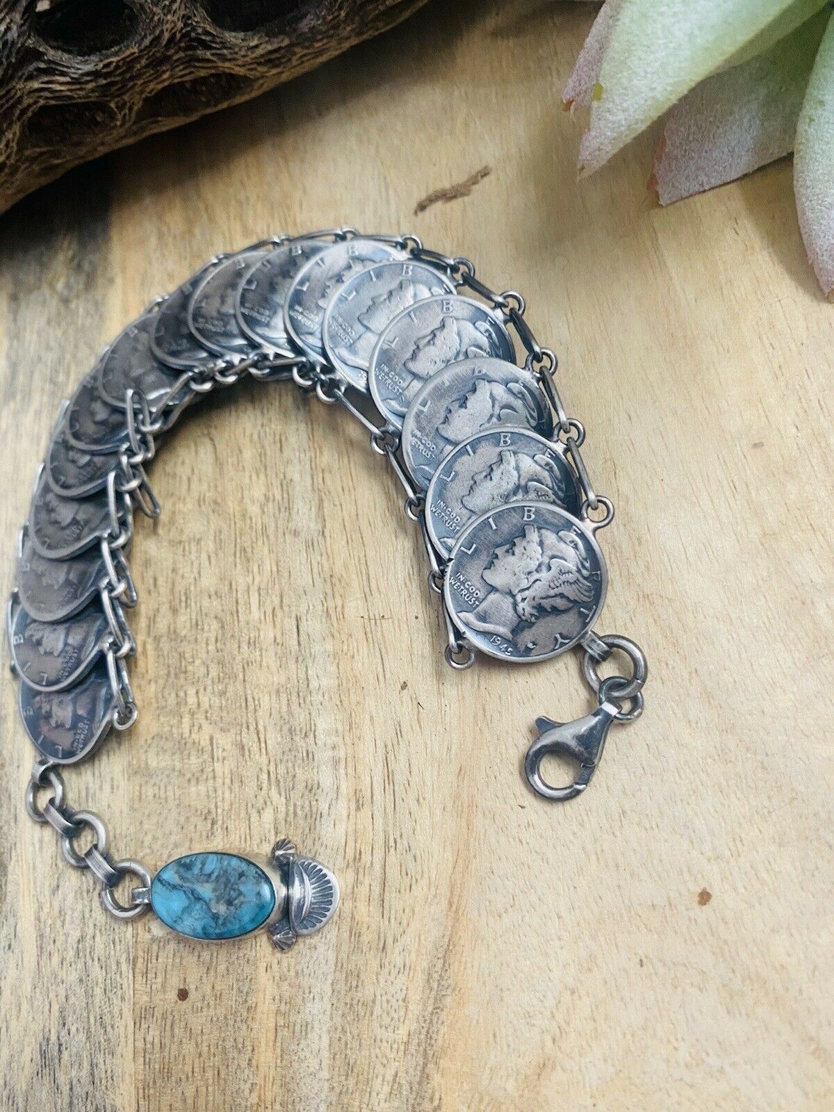 Navajo Turquoise & Sterling Silver Liberty Dime Bracelet By James McCabe