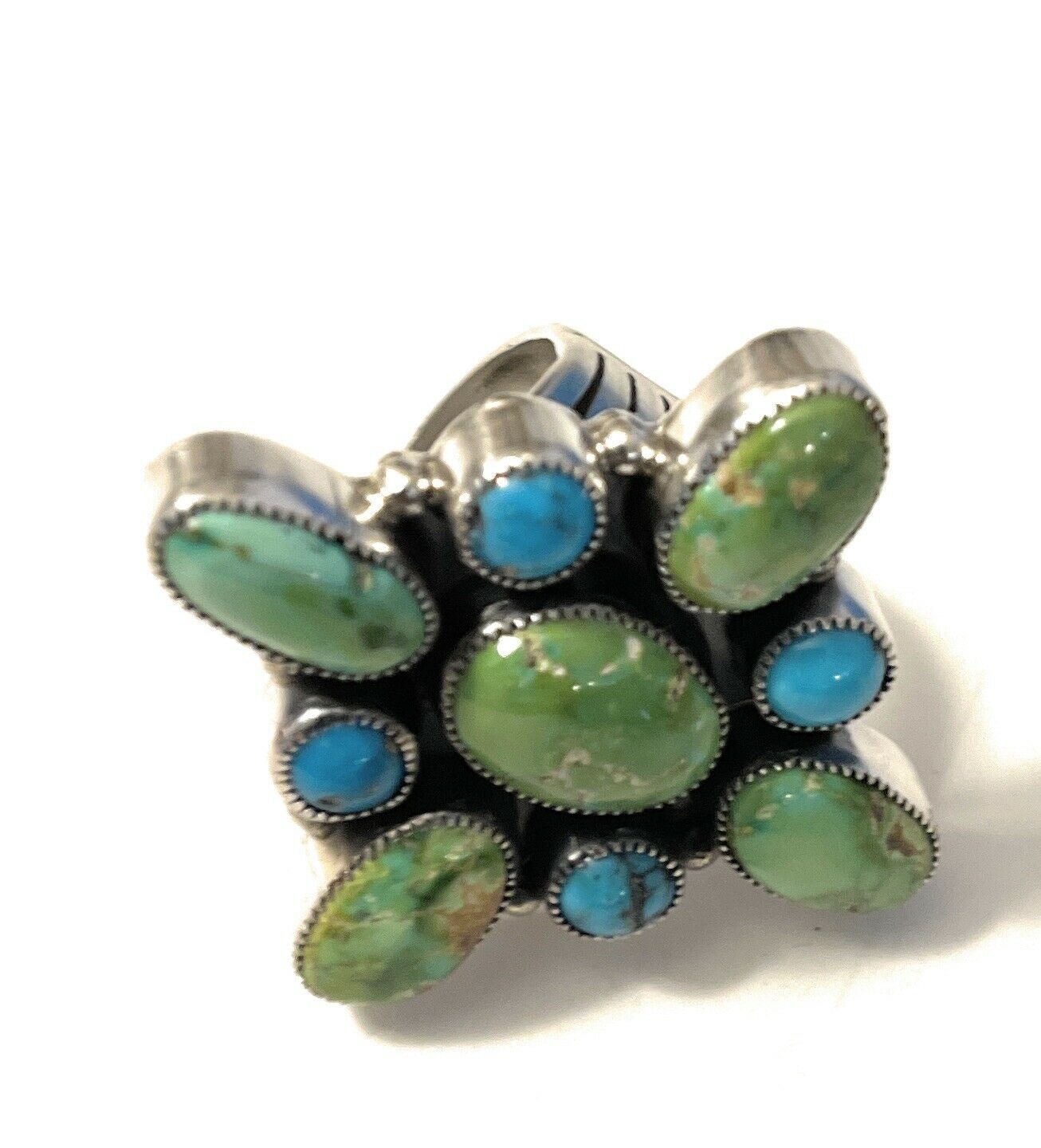 Navajo Sterling Sonoran Gold And Golden Hills Turquoise Cluster Ring Size 8.5