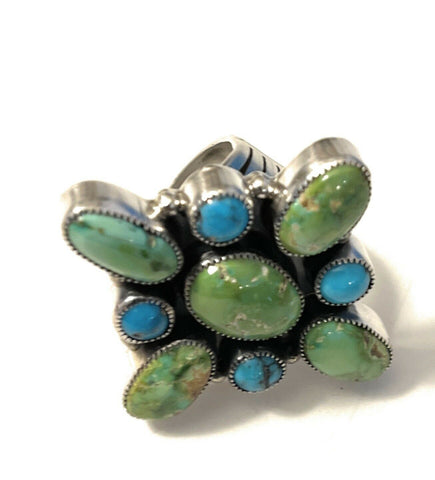 Navajo Sterling Sonoran Gold And Golden Hills Turquoise Cluster Ring Size 8.5