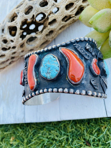 Vintage Navajo Turquoise, Coral & Sterling Silver Cuff Bracelet