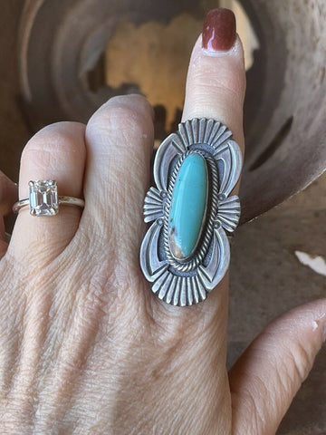 Navajo Handmade Turquoise & Sterling Silver Navajo Deco Ring Size 7.5