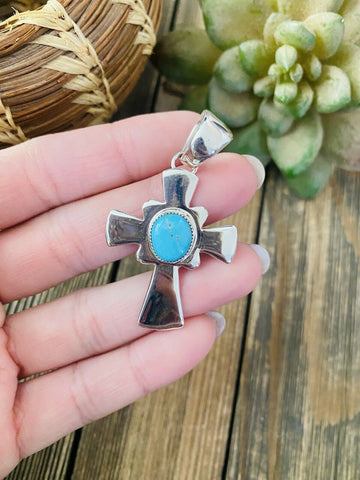 Navajo Sterling Silver & Turquoise Cross Pendant Signed