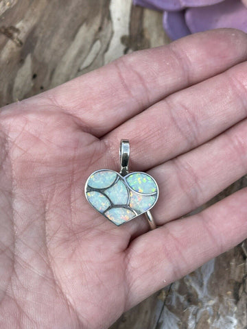 Zuni Iridescent White Opal & Sterling Silver Heart Pendant