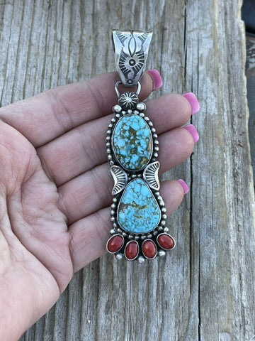 Navajo Sterling Kingman Web Turquoise & Red Coral Taos Pendant Danny Clark