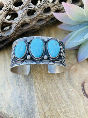 Vintage Navajo Turquoise & Sterling Silver Hand Stamped Cuff Bracelet