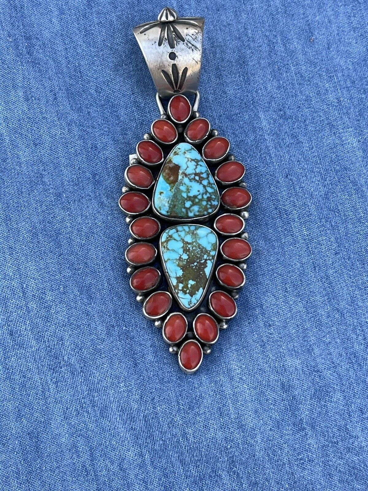 Navajo Sterling 2 Stone Kingman Web Turquoise & Red Coral Taos Pendant