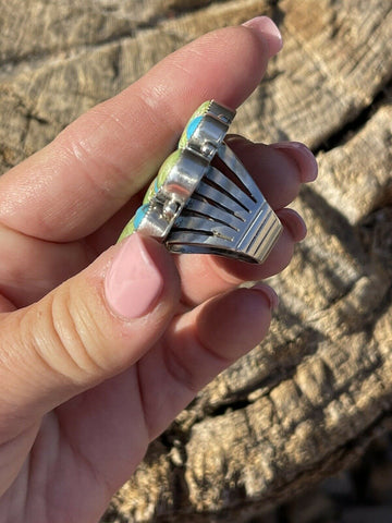 Navajo Sterling Sonoran Gold And Golden Hills Turquoise Cluster Ring Size 7