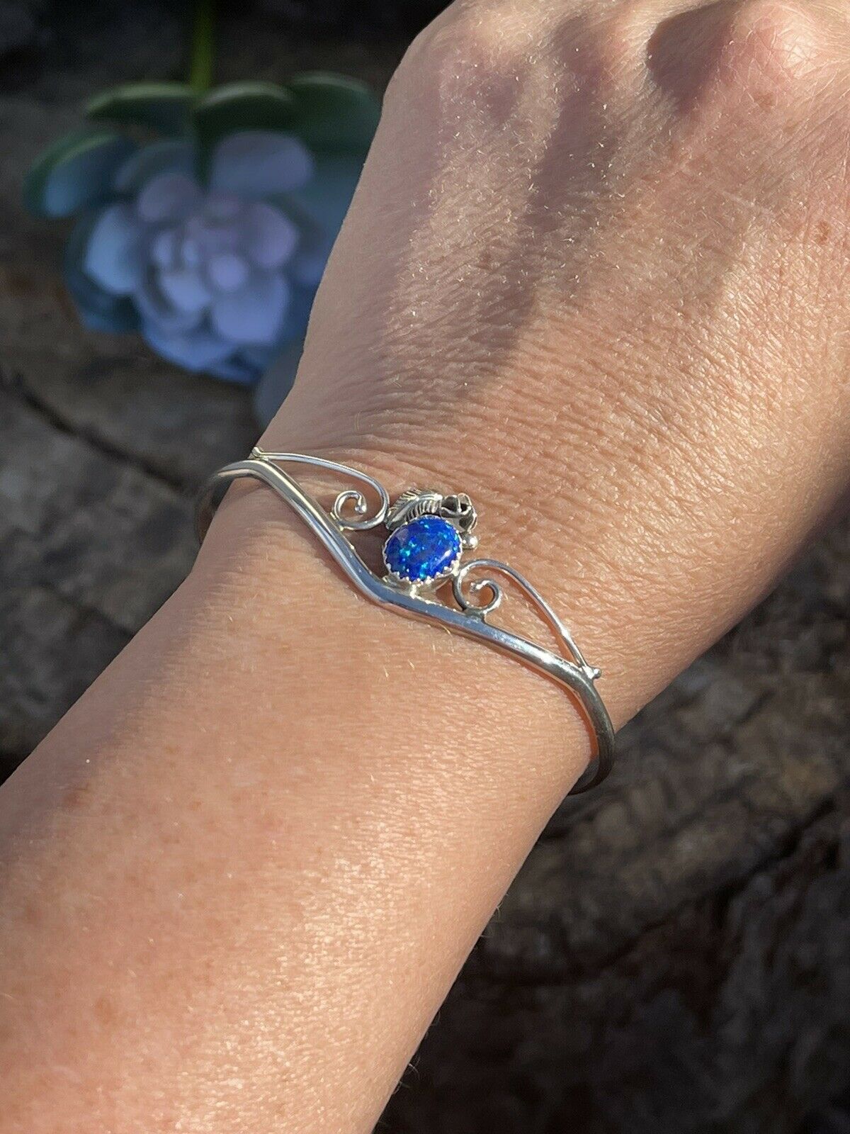 Navajo Sterling Silver Bright Blue Opal Bracelet