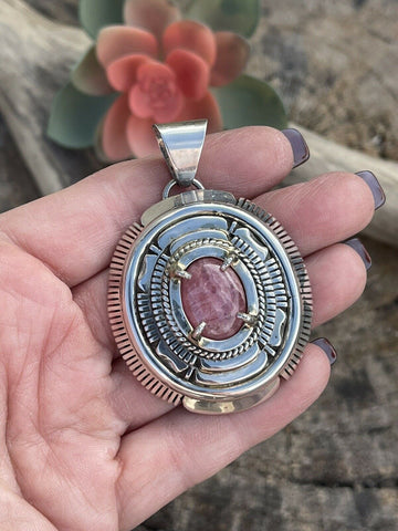 Navajo Sterling Silver Pink Rhodonite Elegant Pendant Signed