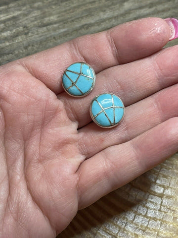 Navajo Sterling Silver & Turquoise Inlay Circle Post Earrings Signed K