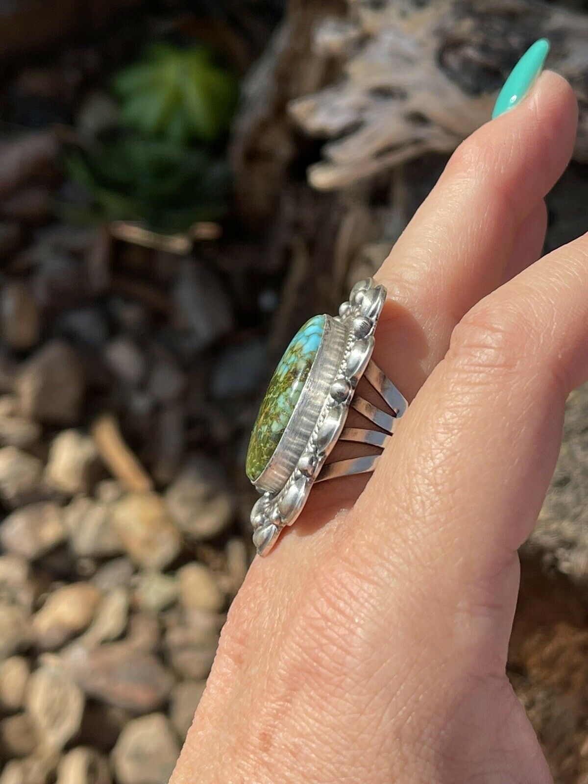 Navajo Sterling Silver Turquoise Statement Ring Size 6.5