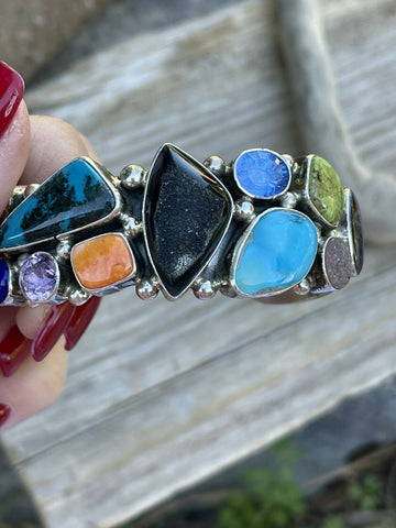 Navajo Multi Stone & Gem Sterling Silver Cuff Bracelet Signed