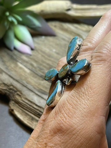 Sterling Silver & Royston Turquoise Scroll Petal Ring Size 7 Signed