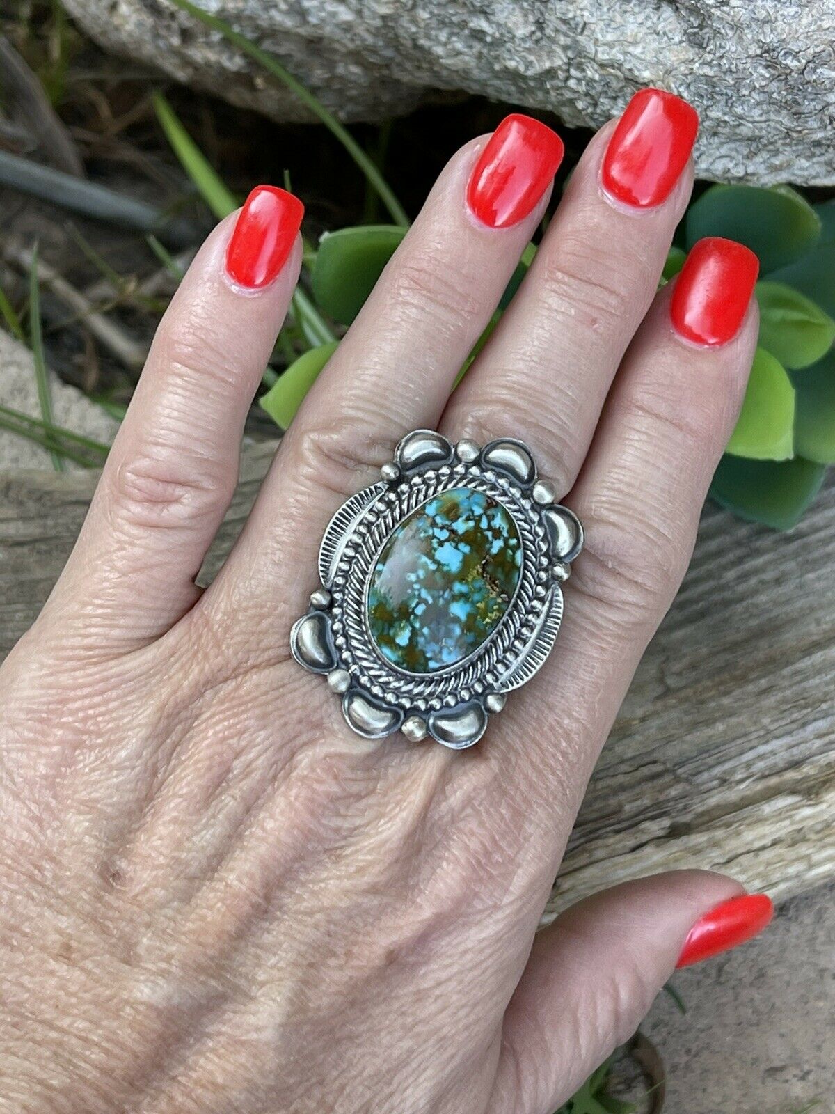 Navajo Sonoran Mountain Turquoise & Sterling Silver Statement Ring Sizes 7.5