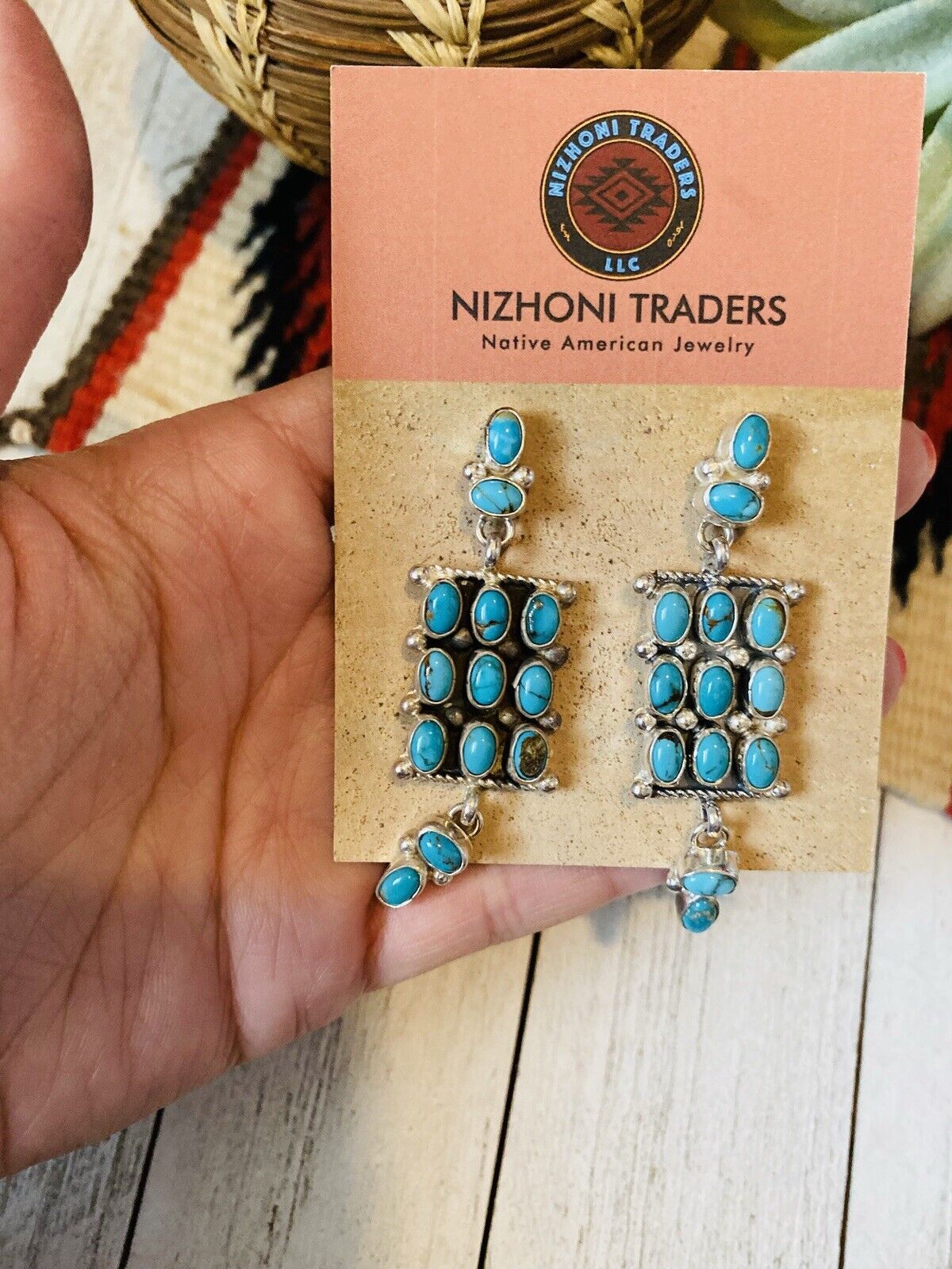 Navajo Turquoise & Sterling Silver Cluster Dangle Earrings Signed