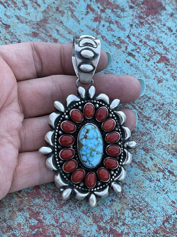 Navajo Sterling Kingman Web Turquoise & Red Coral Taos Ornate Pendant D. Clark