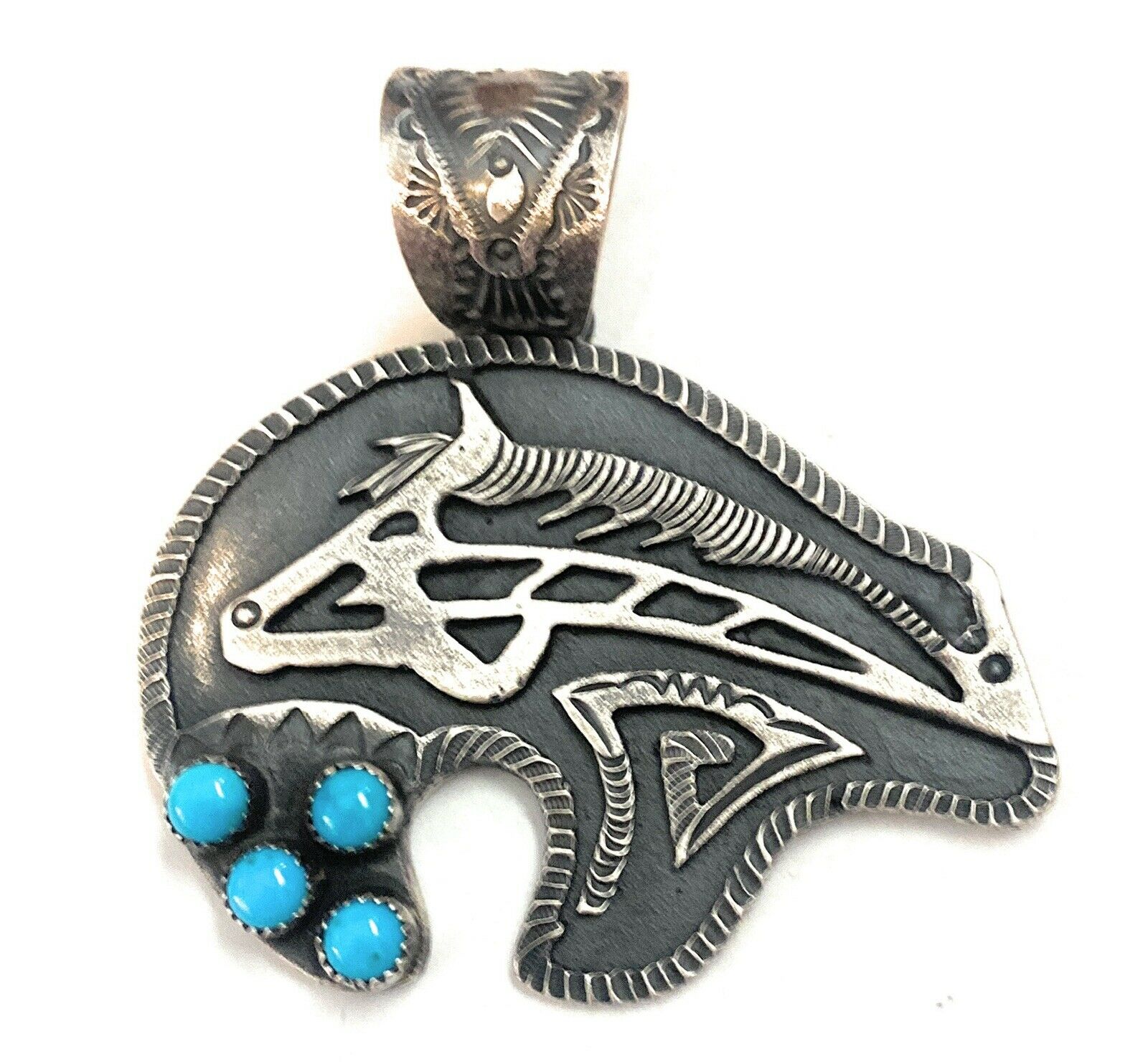 Navajo Turquoise & Sterling Silver Fetish Bear Pendant Signed