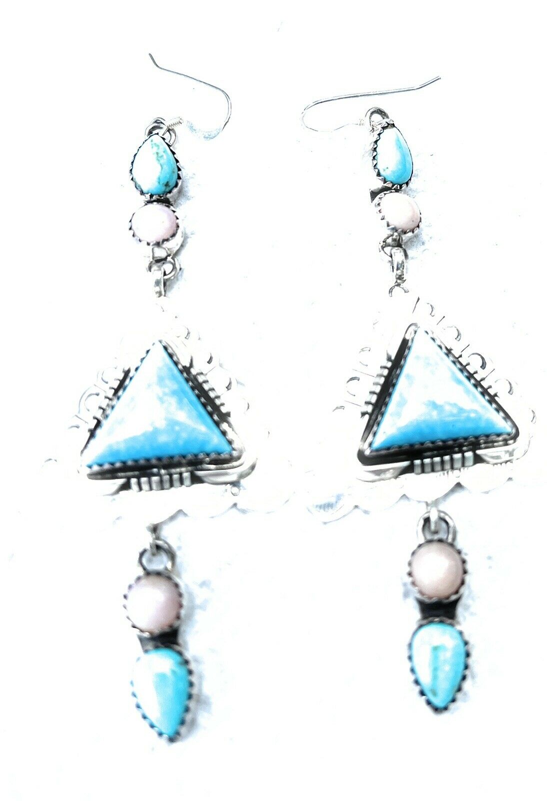 Navajo Sterling Southwest Triangle Pink Jasper Turquoise  Hook Dangle Earrings