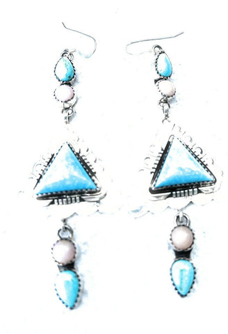 Navajo Sterling Southwest Triangle Pink Jasper Turquoise  Hook Dangle Earrings