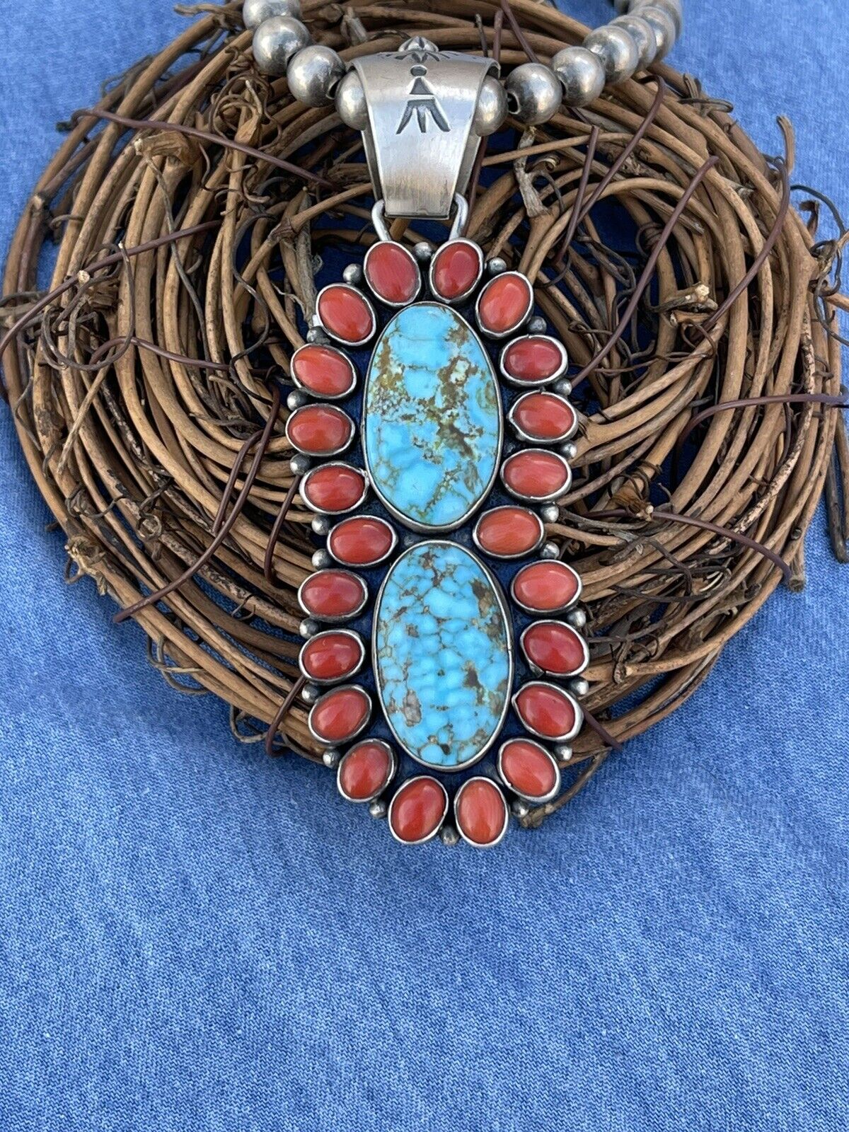 Navajo Sterling 2 Stone Kingman Web Turquoise & Red Coral Taos Pendant