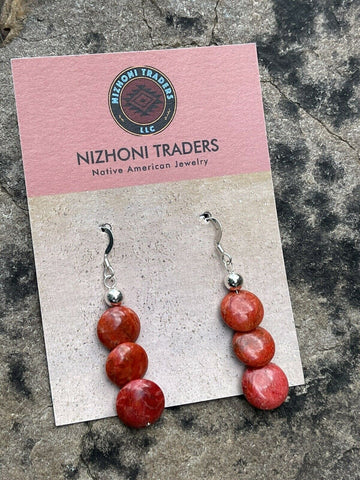 Navajo Sterling Silver Apple Coral 3 Bead Dangle Earrings