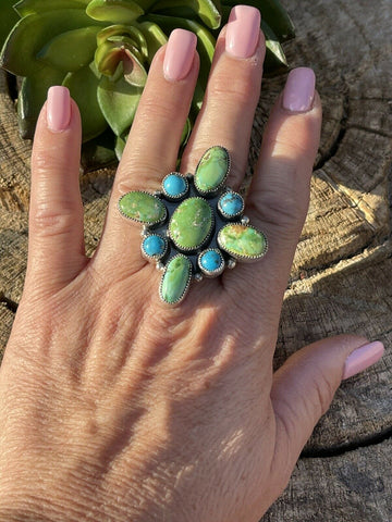 Navajo Sterling Sonoran Gold And Golden Hills Turquoise Cluster Ring Size 8.5